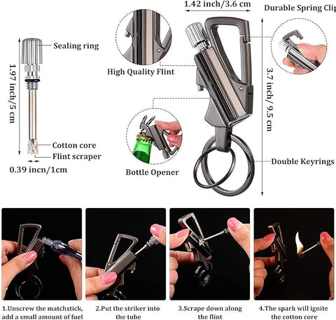 A.K.TRADERS VRINDVASINI Stainless Steel 3 in 1 Keychain Lighter|Waterproof Cigarette Flint Lighter + Keyring + Bottle Opener | Emergency Fire Starter Match Sticks Used for Outdoor Camping, Multicolor