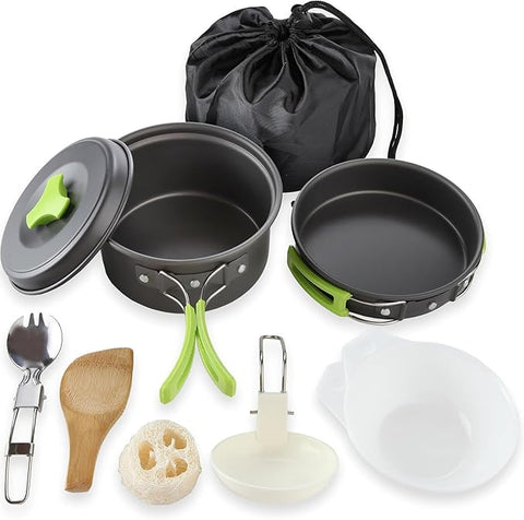 FabSports Camping Cookware Mess Kit for Backpacking Gear – Camping Cooking Set - Camping Pots and Pans Set - Backpacking Stove/Portable Stove Compatible - Camp Kitchen Equipment Accessories Pot
