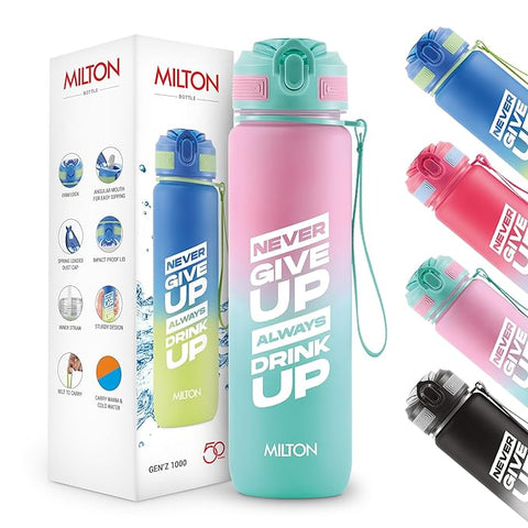 MILTON Gen'Z Water Bottle 1 ltr (Never Give Up), Motivational Water Bottles With Leak Proof Flip-Top Cap & Capacity Mark, Gym Bottle Sipper Water Bottle For Adults, Plastic, Pink