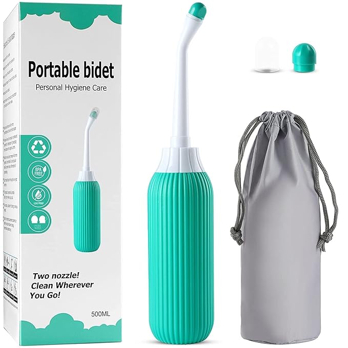 ARLICORPING 500ML Plastic Retractable Handheld Bidet Portable of Antislip, Angled Nozzle Spray Easy to use Portable Bidet with Travel Bag (Green)