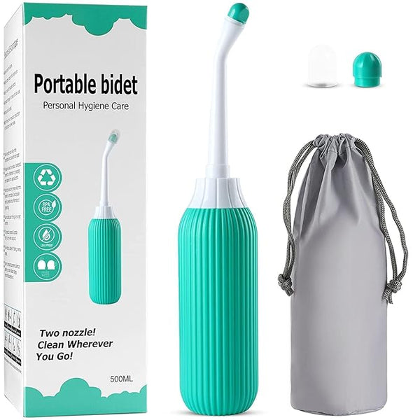 ARLICORPING 500ML Plastic Retractable Handheld Bidet Portable of Antislip, Angled Nozzle Spray Easy to use Portable Bidet with Travel Bag (Green)