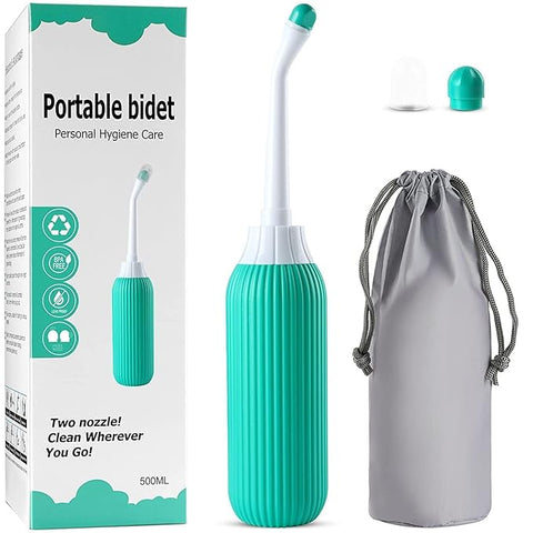 ARLICORPING 500ML Plastic Retractable Handheld Bidet Portable of Antislip, Angled Nozzle Spray Easy to use Portable Bidet with Travel Bag (Green)