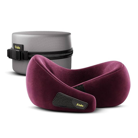 Frido Travel Neck Pillow, 100% Hi-Per Foam, Lightweight Neck Support Pillow, Neck Pillow for Flight Travel, Memory Foam Car Neck Pillow, Adjustable Velcro Straps, Free Travel Pouch (Wine)