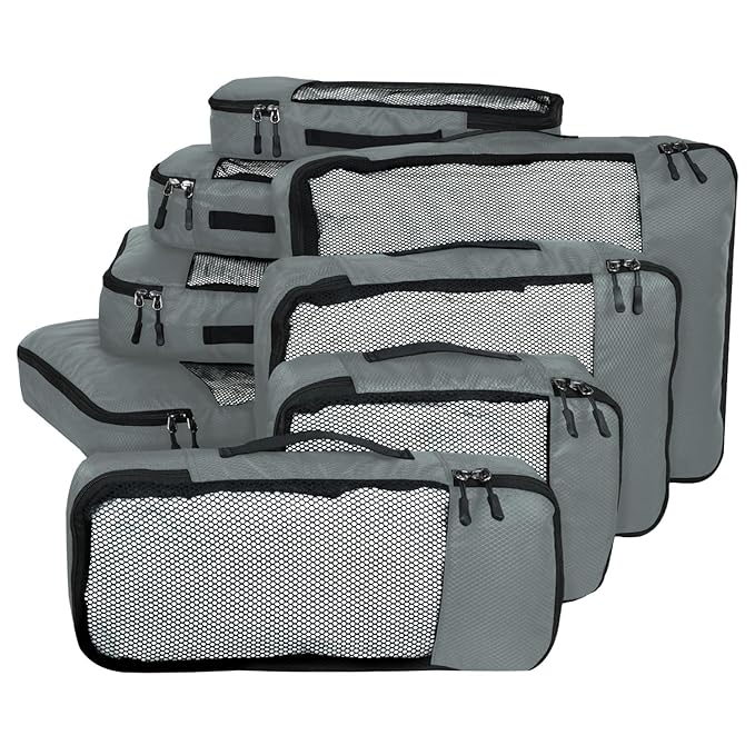 FATMUG Packing Cubes Travel Pouch Bag Organiser Set of 8 (2x Large-Medium-Small and Slim) - Grey, Fabric