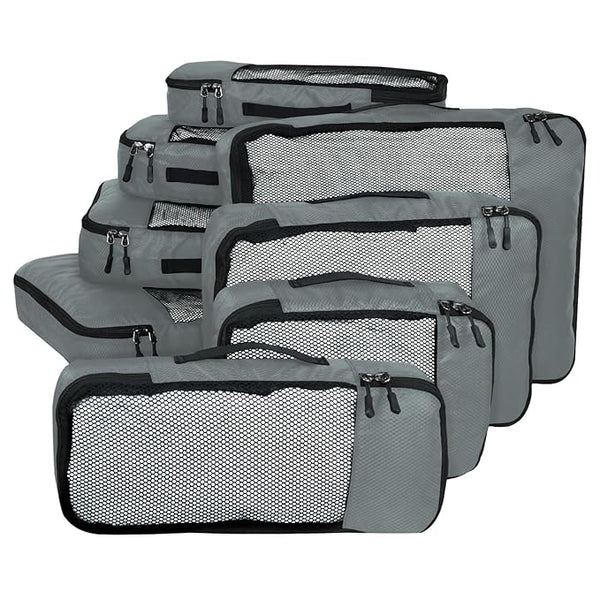 FATMUG Packing Cubes Travel Pouch Bag Organiser Set of 8 (2x Large-Medium-Small and Slim) - Grey, Fabric