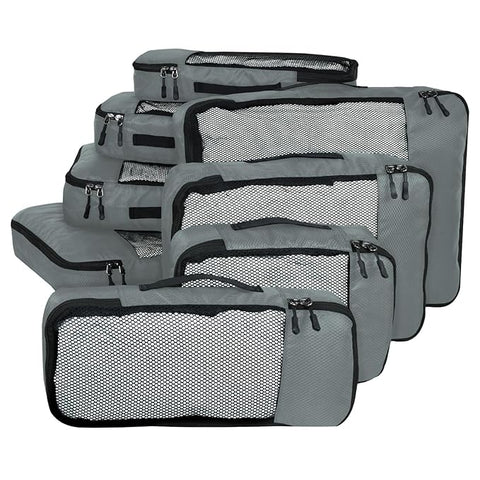 FATMUG Packing Cubes Travel Pouch Bag Organiser Set of 8 (2x Large-Medium-Small and Slim) - Grey, Fabric