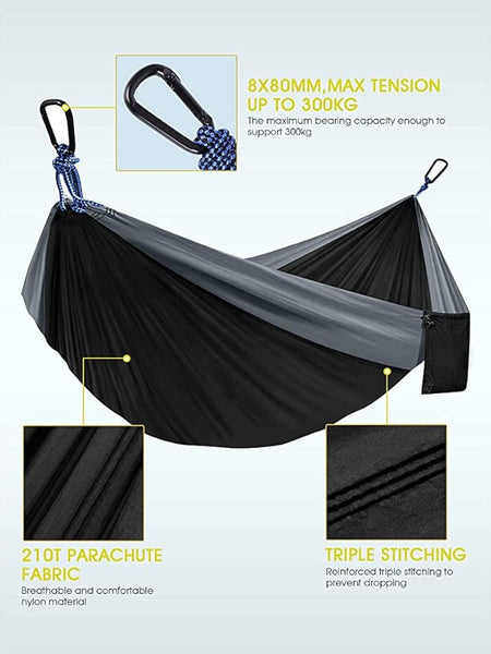 Supvox® Camping Hammock for Outdoor Activities With 2 Fixing Straps, Swing for Adults Kids, Portable Ultralight Nylon for Travel Beach Trekking, Maximum 200kg Load (275 x 140cm, Black)