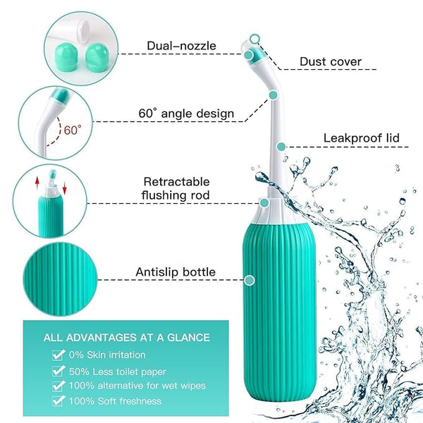 ARLICORPING 500ML Plastic Retractable Handheld Bidet Portable of Antislip, Angled Nozzle Spray Easy to use Portable Bidet with Travel Bag (Green)