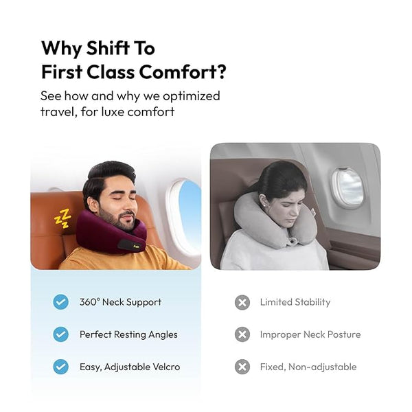 Frido Travel Neck Pillow, 100% Hi-Per Foam, Lightweight Neck Support Pillow, Neck Pillow for Flight Travel, Memory Foam Car Neck Pillow, Adjustable Velcro Straps, Free Travel Pouch (Wine)
