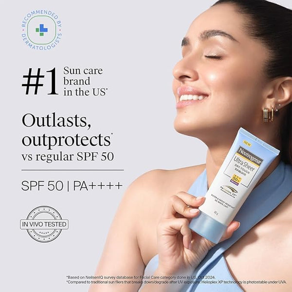 Neutrogena Ultrasheer Sunscreen SPF 50+ PA++++ | Broad Spectrum UVA/UVB | Blue Light Protect | No White Cast | Water Resistant, Ultra Light & Non Sticky | Oily, Dry & Sensitive Skin | For Women & Men | 80g