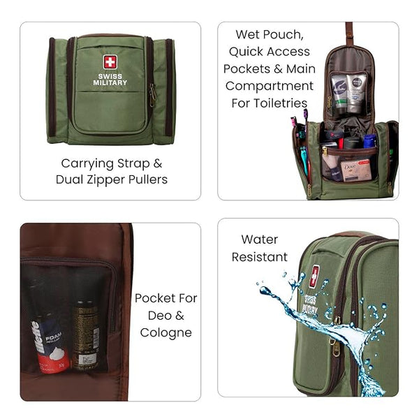 Swiss Military Unisex 5L Water-Resistant Toiletry Bag for Travel with Multiple Compartments, Quick Access Pocket, Durable Zippers, Organizer for Toiletries, Makeup and Essentials Pouch-Green