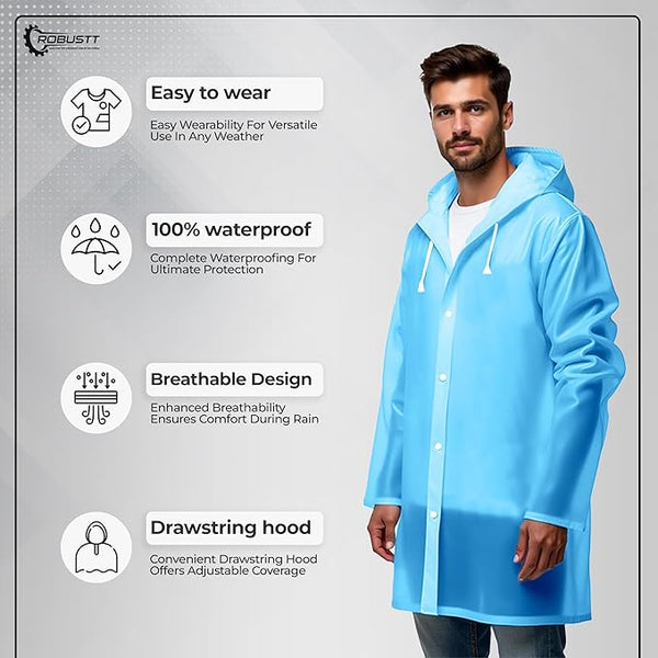 Robustt Unisex Raincoat With Hood - Blue (Pack of 1) | Waterproof Rain Poncho | EVA Material | Reusable | Lightweight | Universal Size | Raincoat for Men and Women