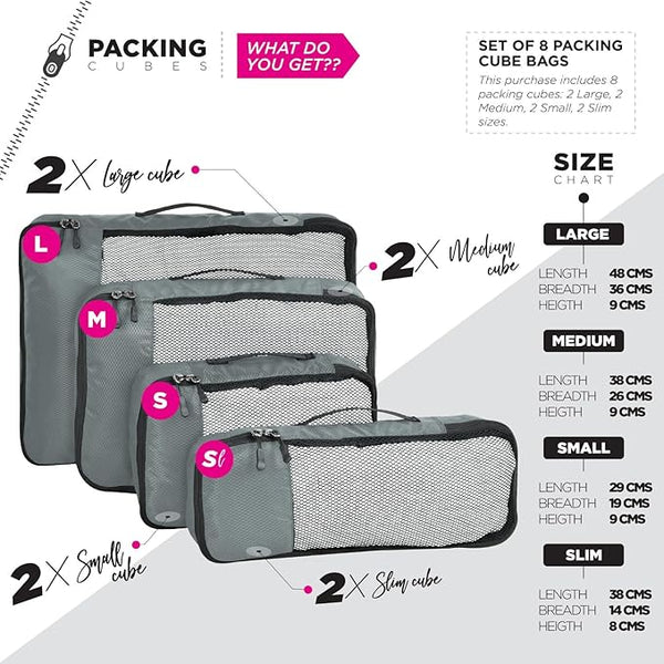 FATMUG Packing Cubes Travel Pouch Bag Organiser Set of 8 (2x Large-Medium-Small and Slim) - Grey, Fabric