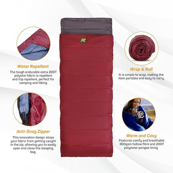 ROCKSPORT Sleeping Bag Camp Lite 8 Degree C - 20 Degree C, Lightweight Camping Sleep Bag for Indoors & Outdoors l Free Air Pillow & Adventure Pass(Maroon - Grey)