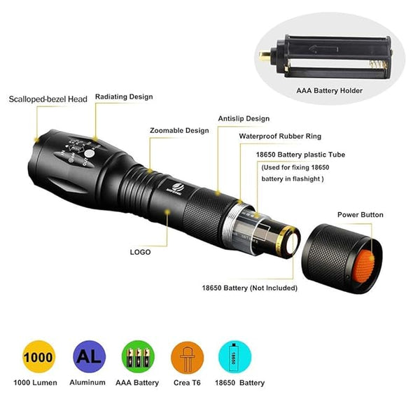 Dotcom yIFeNG Tactical Flashlight,Ultra Bright LED Flashlight with Adjustable Focus and 5 Light Modes for Camping Hiking Emergency (1 Pack), 1000 Lumen