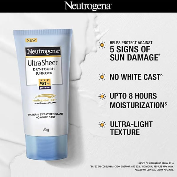 Neutrogena Ultrasheer Sunscreen SPF 50+ PA++++ | Broad Spectrum UVA/UVB | Blue Light Protect | No White Cast | Water Resistant, Ultra Light & Non Sticky | Oily, Dry & Sensitive Skin | For Women & Men | 80g