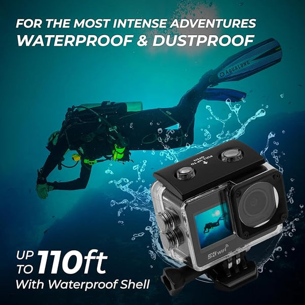 IZI ONE Plus 5K 48MP Action Camera - 6-Axis Gyro Stabilization, 110ft Waterproof, Vlogging, 170° FOV, WiFi, Dual Touch Screen Video Camera, 2X 1350mAh Batteries, Fast C-Type Charge HQ External Mic.