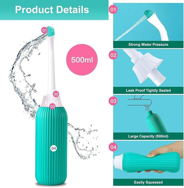 ARLICORPING 500ML Plastic Retractable Handheld Bidet Portable of Antislip, Angled Nozzle Spray Easy to use Portable Bidet with Travel Bag (Green)