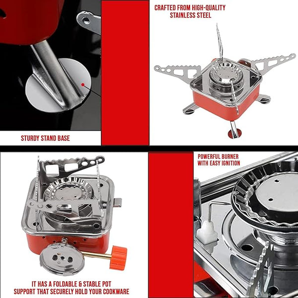 Hacer K-202 Portable Camping Gas Stove for Travel Stainless Steel Body Folding Furnace Cooking Stove Lightweight Gas Burner for Hiking, Outdoor Picnic & Emergency Cooking Use with Storage Bag