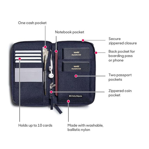 DailyObjects Nylon Travel Passport Holder Credit Card Wallet Case for Men & Women| Nylon| Travel Organizer with Internal Pockets and YKK Zipper| Dedicated Slots with Exterior Rear Stash Pocket| Blue