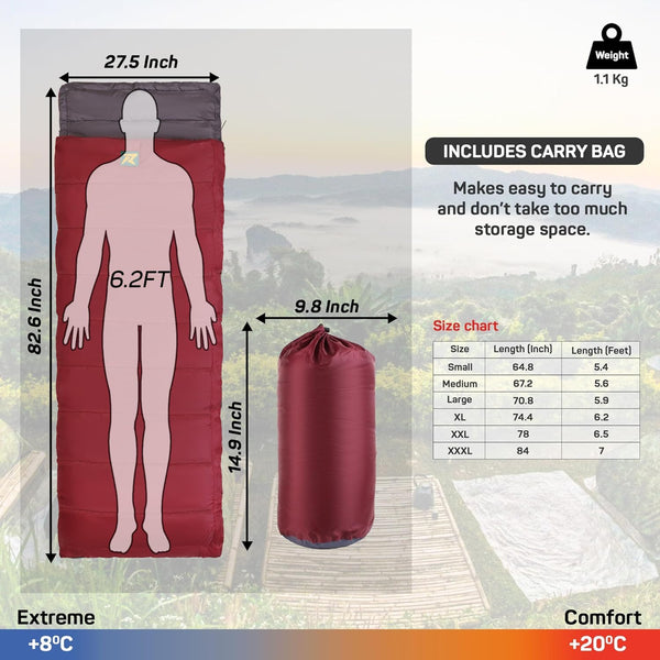 ROCKSPORT Sleeping Bag Camp Lite 8 Degree C - 20 Degree C, Lightweight Camping Sleep Bag for Indoors & Outdoors l Free Air Pillow & Adventure Pass(Maroon - Grey)