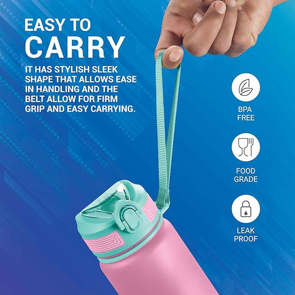 MILTON Gen'Z Water Bottle 1 ltr (Never Give Up), Motivational Water Bottles With Leak Proof Flip-Top Cap & Capacity Mark, Gym Bottle Sipper Water Bottle For Adults, Plastic, Pink